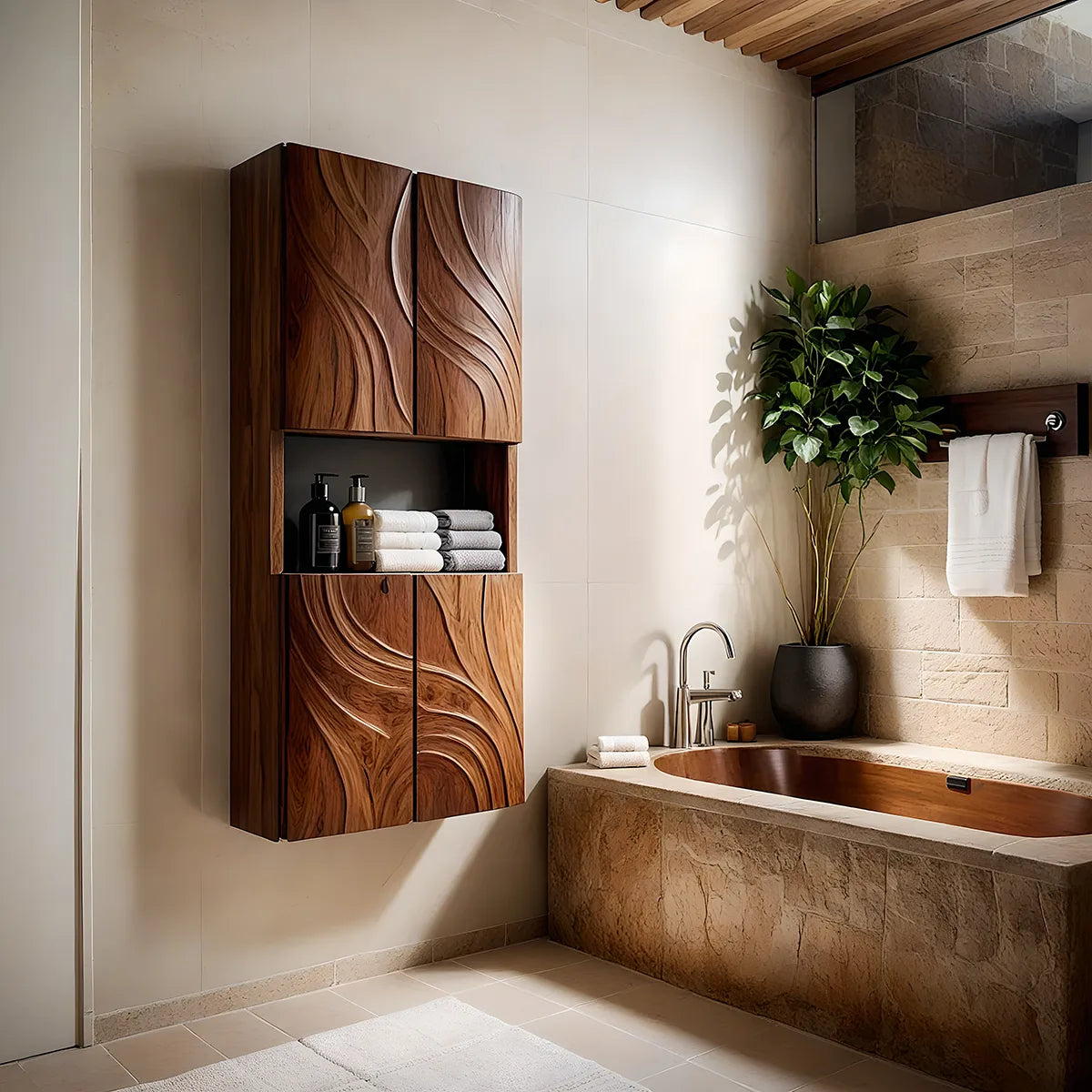 Handcrafted Solid Wood Bathroom Wall Storage Cabinet Sculpted Door Panel