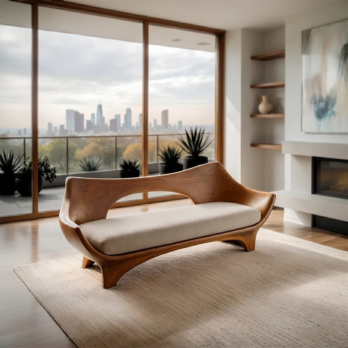 Luxury Organic Modern Wooden Sofa with Sculptural Curved Silhouette