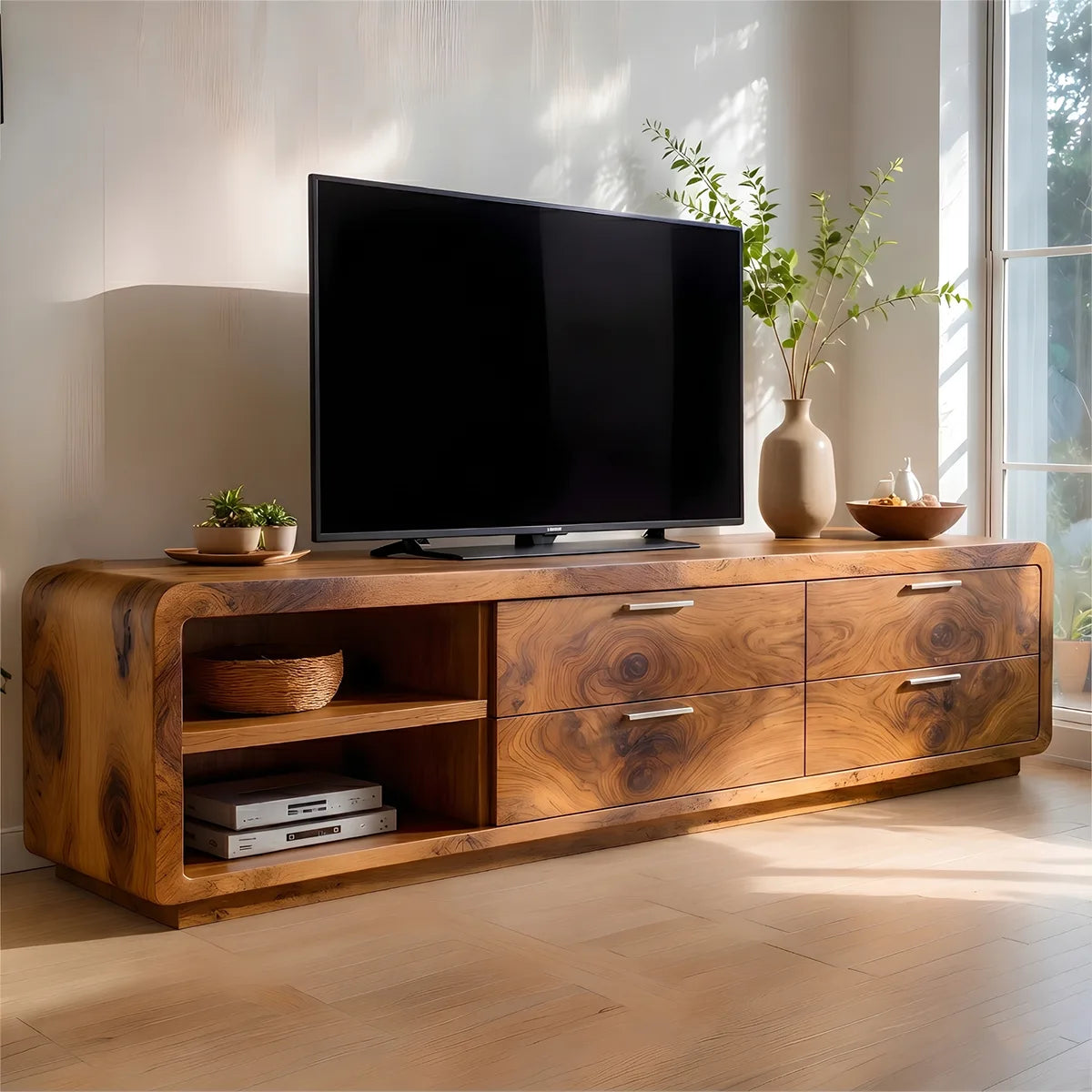Modern Solid Wood Rounded Asymmetrical TV Stand with Drawers