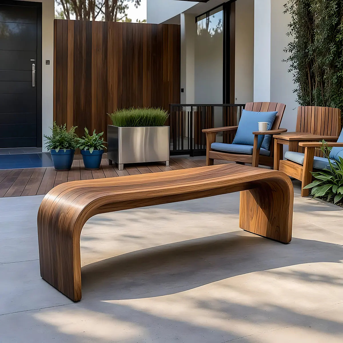 Handcrafted Solid Wood Outdoor Bench Waterfall Curve Patio Garden Bench