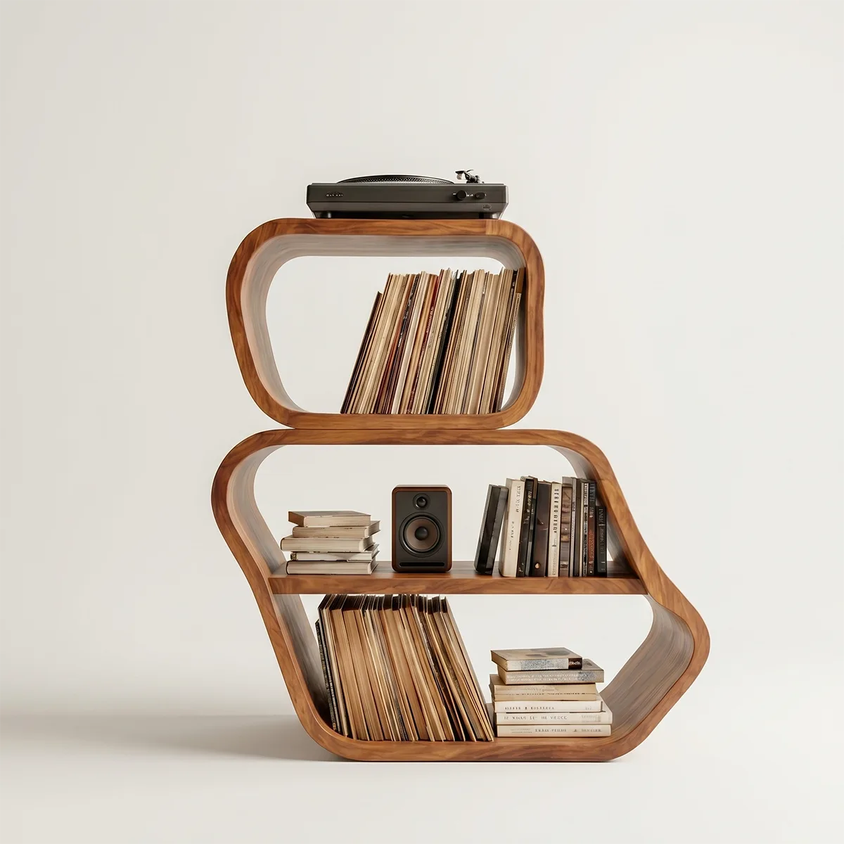 Luxury Solid Wood Curved Bookshelf, Modern Record Storage Cabinet