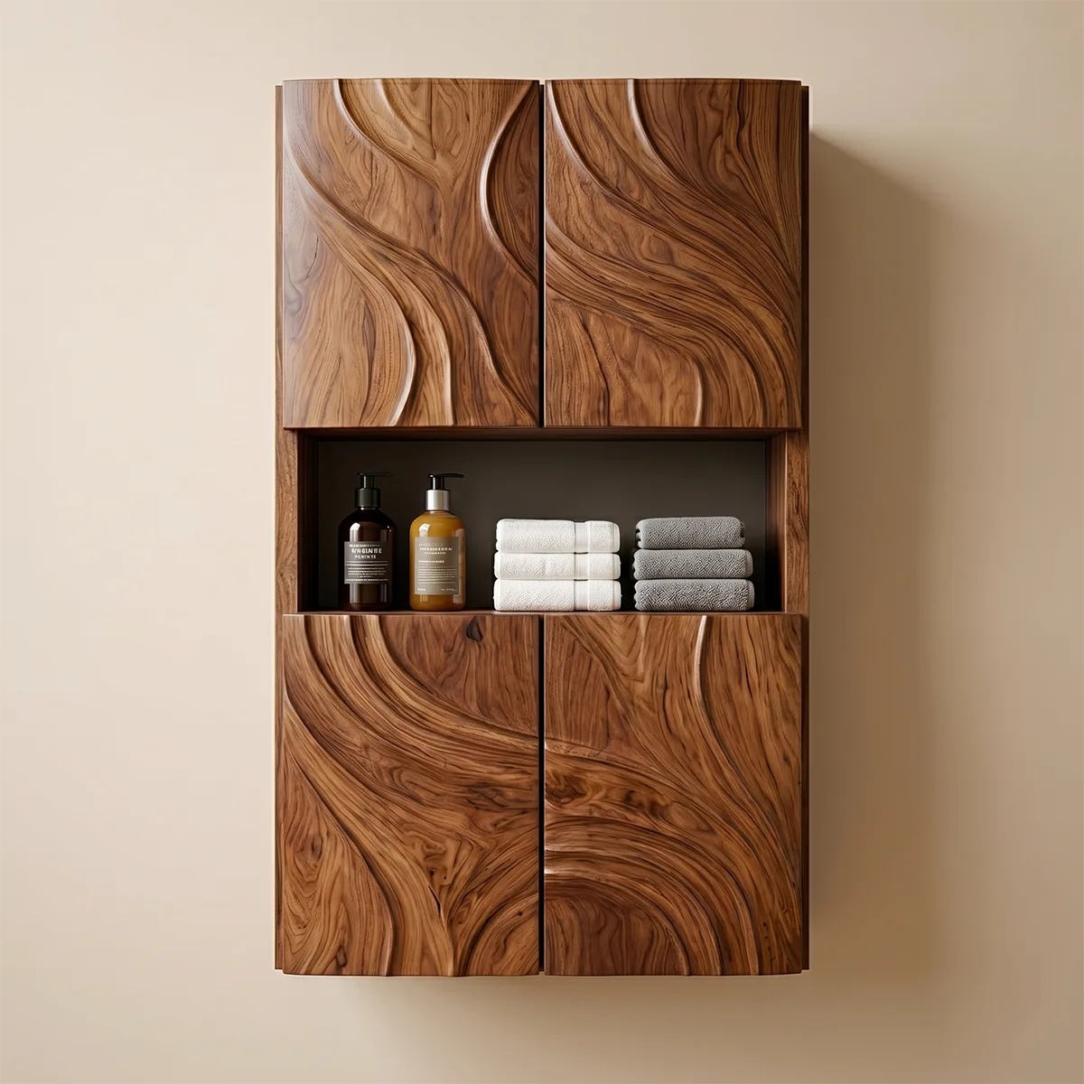 Handcrafted Solid Wood Bathroom Wall Storage Cabinet Sculpted Door Panel