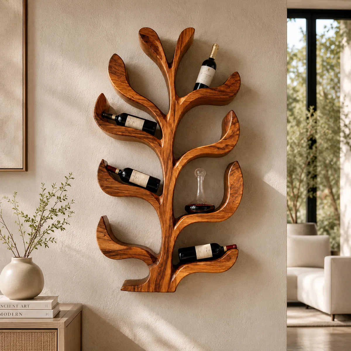Sculptural Solid Wood Tree Wine Rack for Modern Homes & Wine Lovers TT006-8934