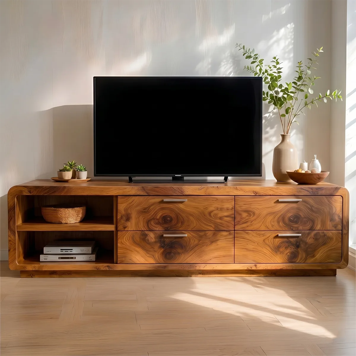 Modern Solid Wood Rounded Asymmetrical TV Stand with Drawers
