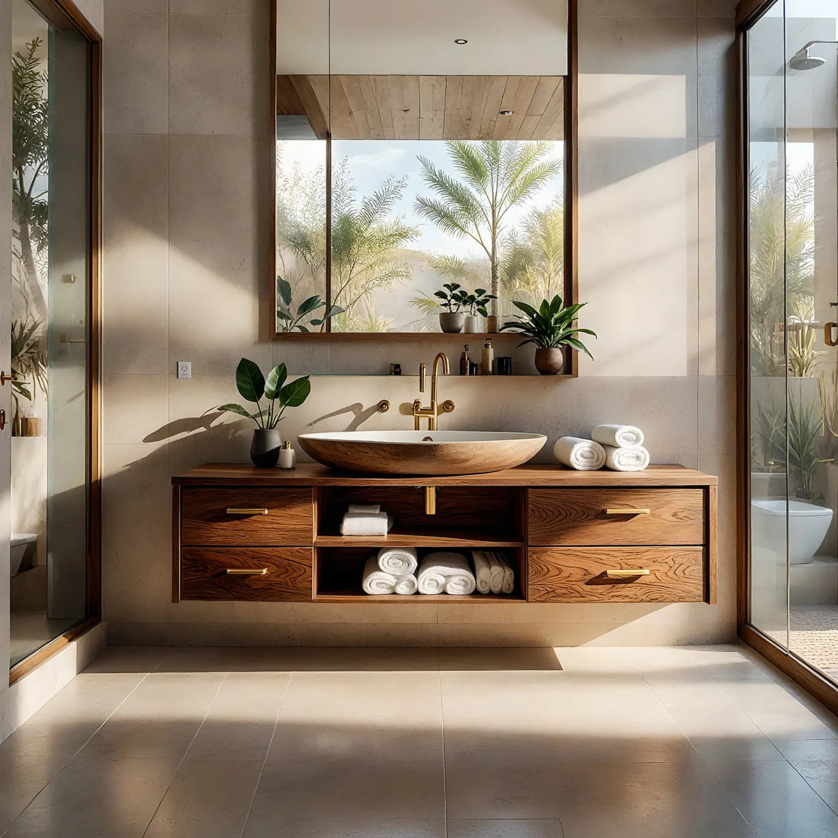 Floating Solid Wood Bathroom Vanity with 4 Drawers and Open Center Shelves