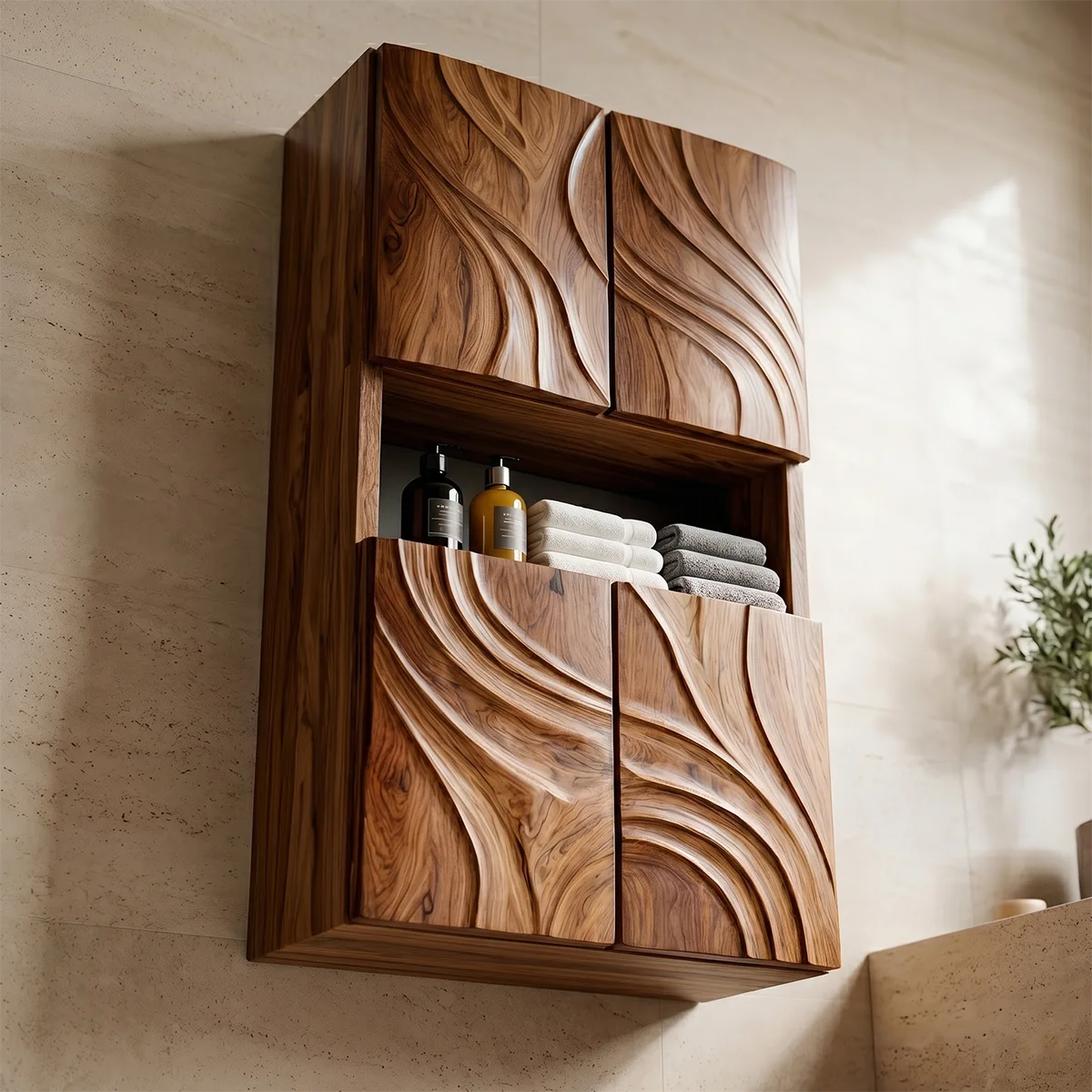 Handcrafted Solid Wood Bathroom Wall Storage Cabinet Sculpted Door Panel