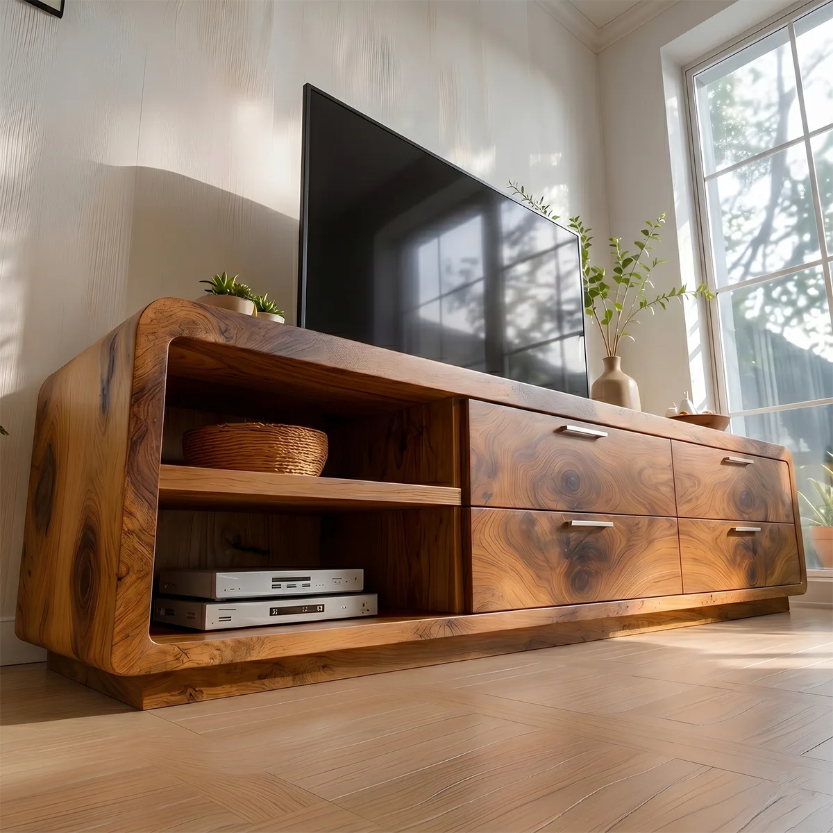 Modern Solid Wood Rounded Asymmetrical TV Stand with Drawers