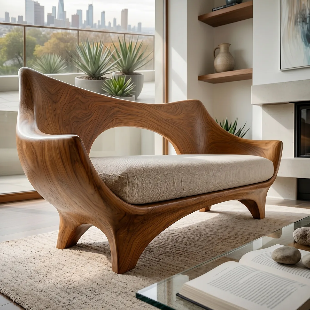 Luxury Organic Modern Wooden Sofa with Sculptural Curved Silhouette