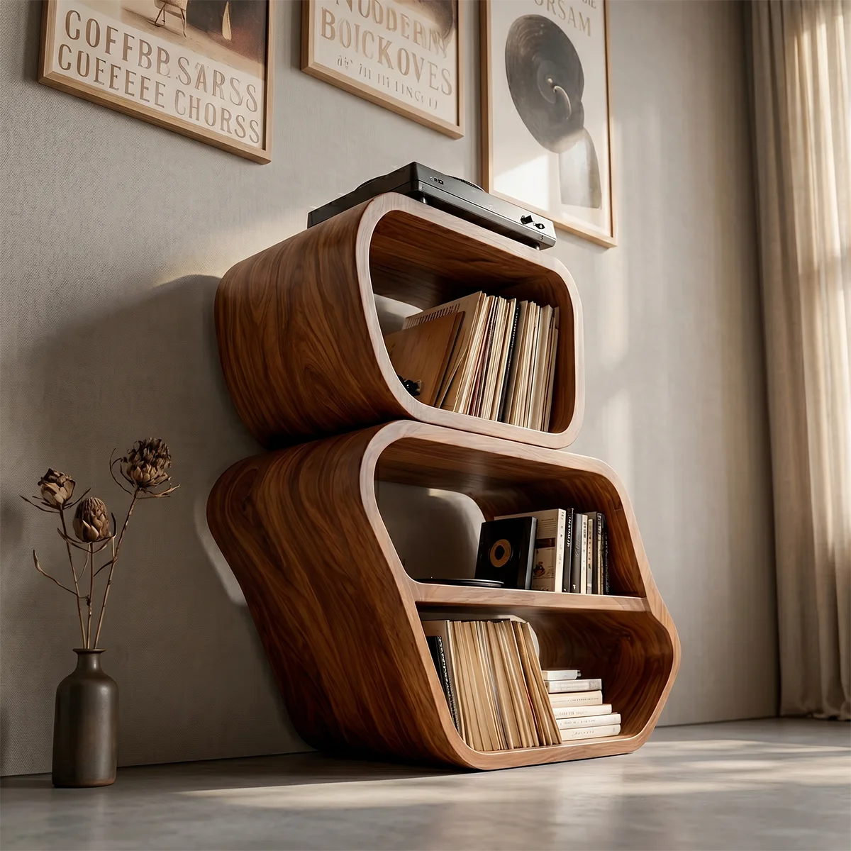 Luxury Solid Wood Curved Bookshelf, Modern Record Storage Cabinet