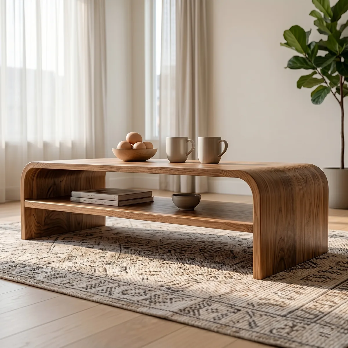 Mid Century Handcrafted Solid Wood Coffee Table with Divided Open Storage