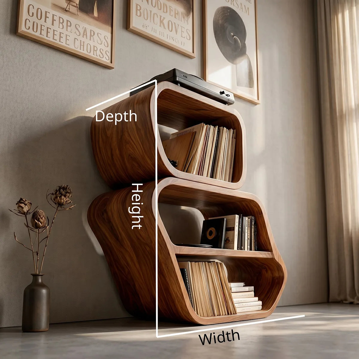 Luxury Solid Wood Curved Bookshelf, Modern Record Storage Cabinet