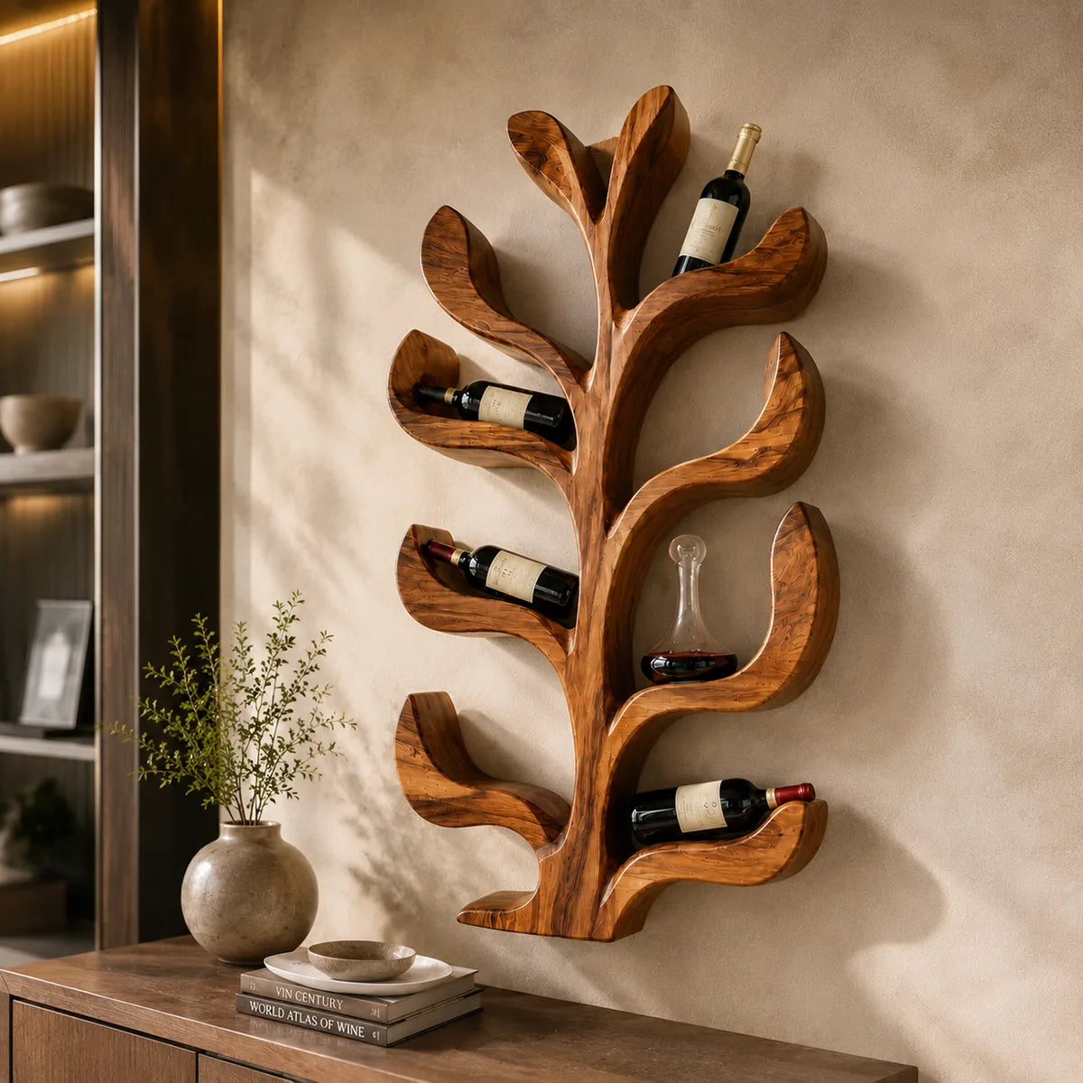 Sculptural Solid Wood Tree Wine Rack for Modern Homes & Wine Lovers TT006-8934