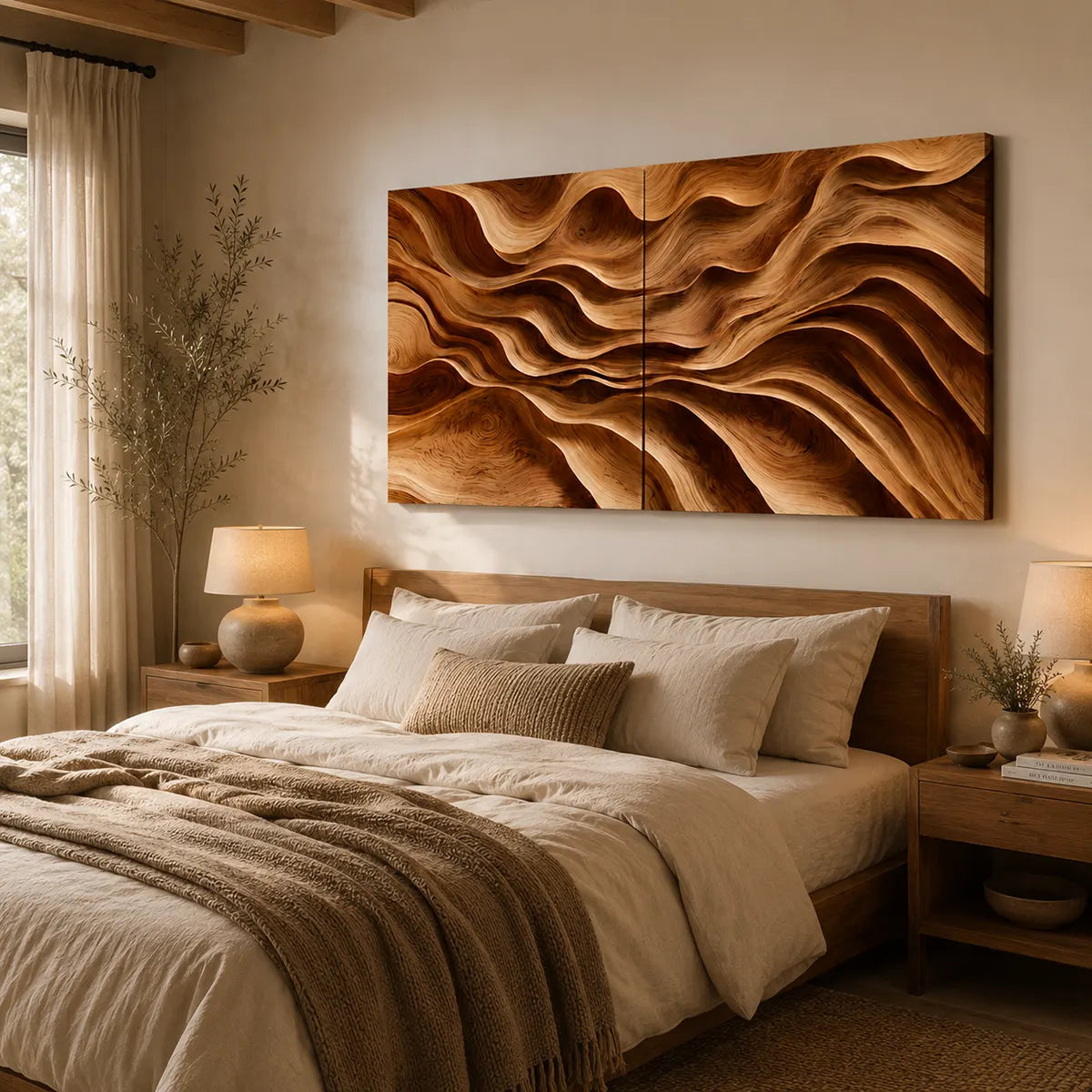 Abstract Wooden Wave Wall Art | Large 2 Panel Hand Carved Wood Sculpture TT006-8376