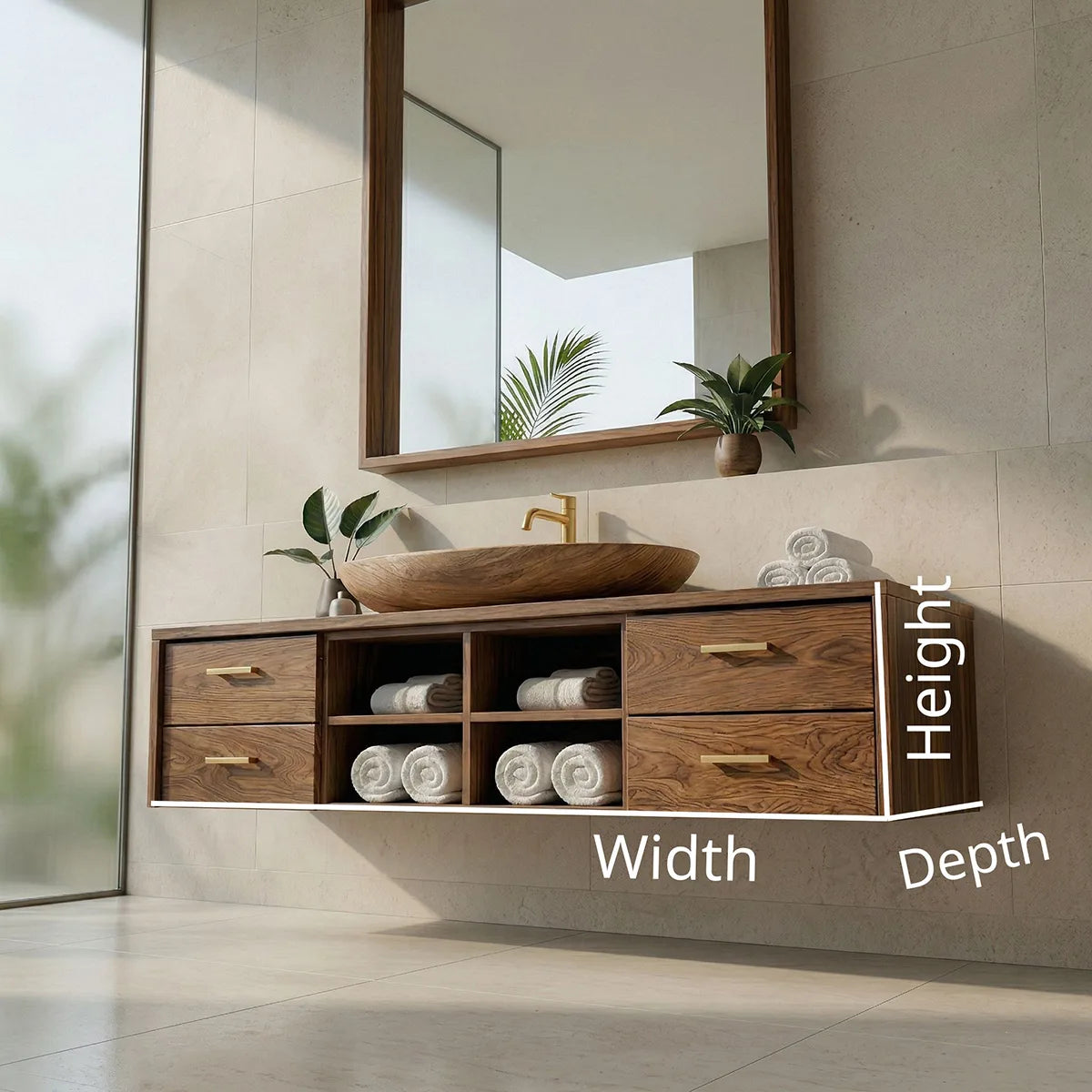 Floating Solid Wood Bathroom Vanity with 4 Drawers and Open Center Shelves