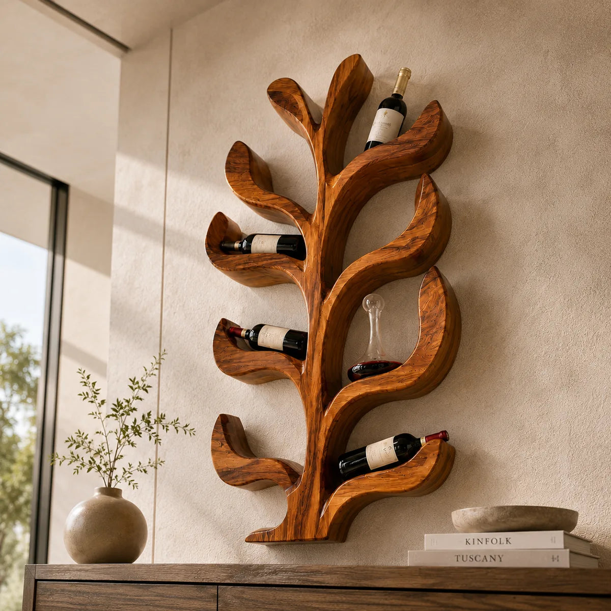 Sculptural Solid Wood Tree Wine Rack for Modern Homes & Wine Lovers TT006-8934