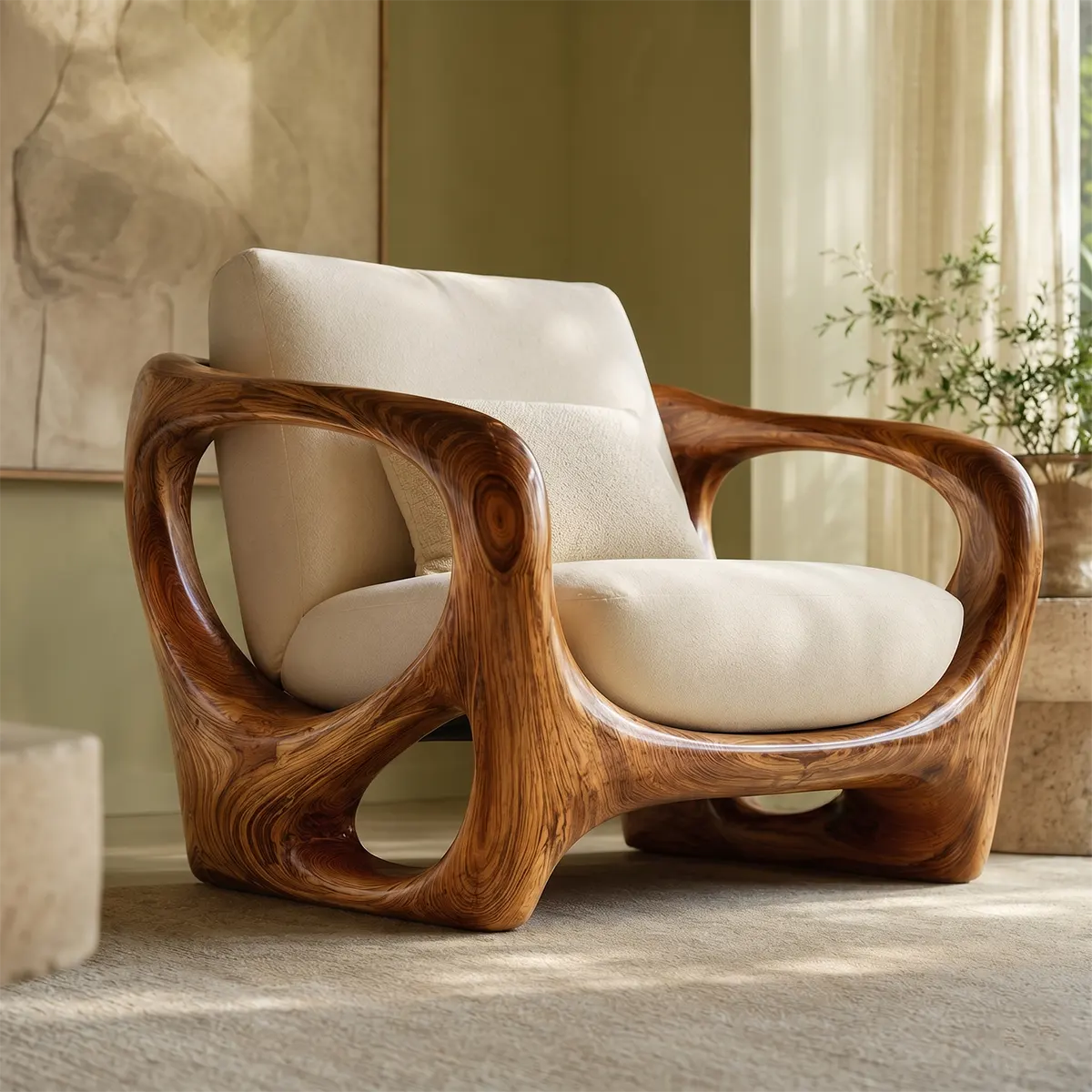 Organic Modern Solid Wood Lounge Chair | Sculptural Wooden Accent Chair for Luxury Living Room TT006-5278