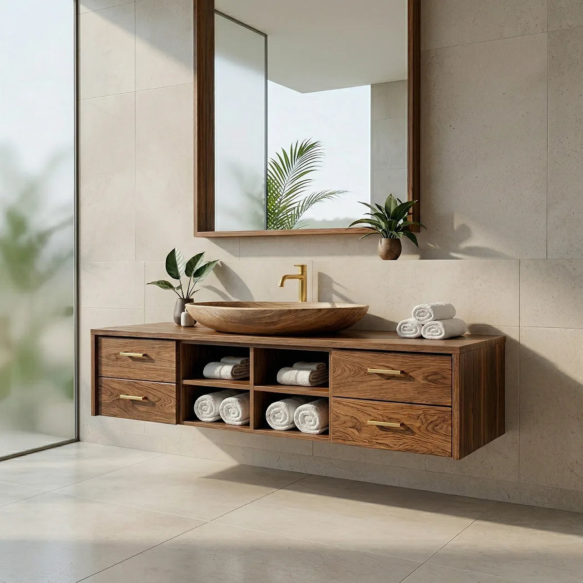 Floating Solid Wood Bathroom Vanity with 4 Drawers and Open Center Shelves