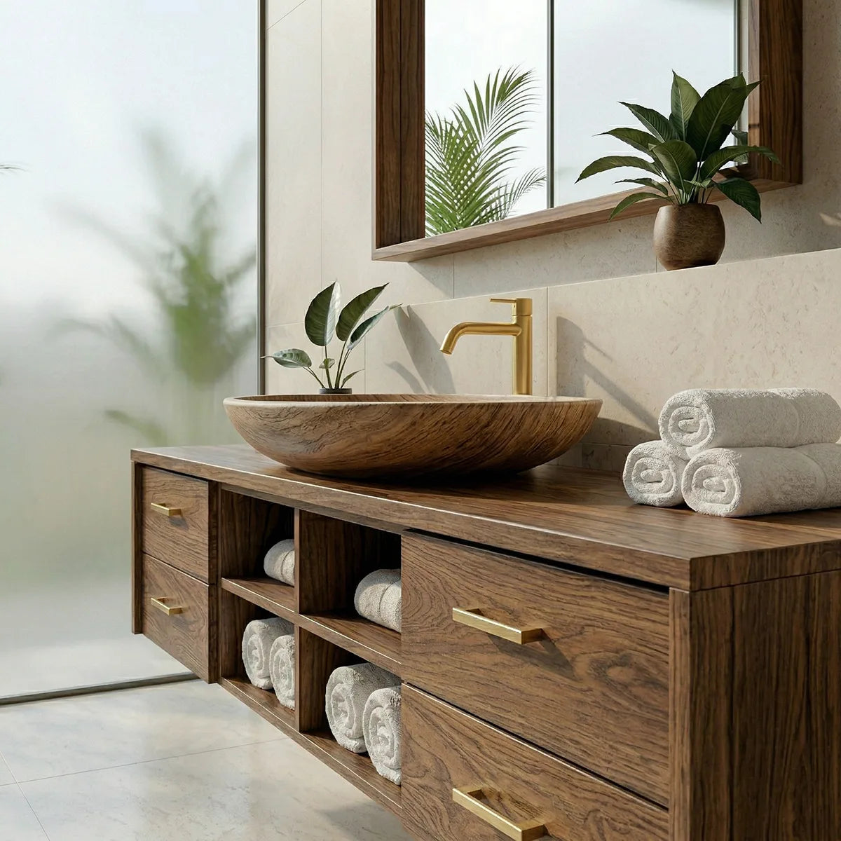 Floating Solid Wood Bathroom Vanity with 4 Drawers and Open Center Shelves