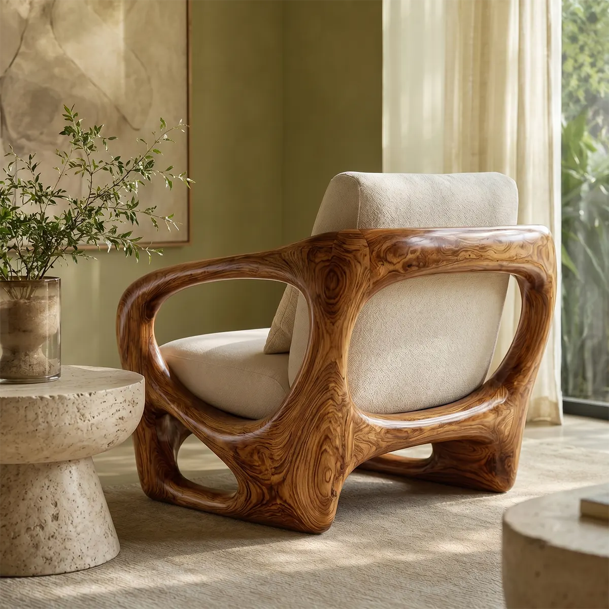 Organic Modern Solid Wood Lounge Chair | Sculptural Wooden Accent Chair for Luxury Living Room TT006-5278