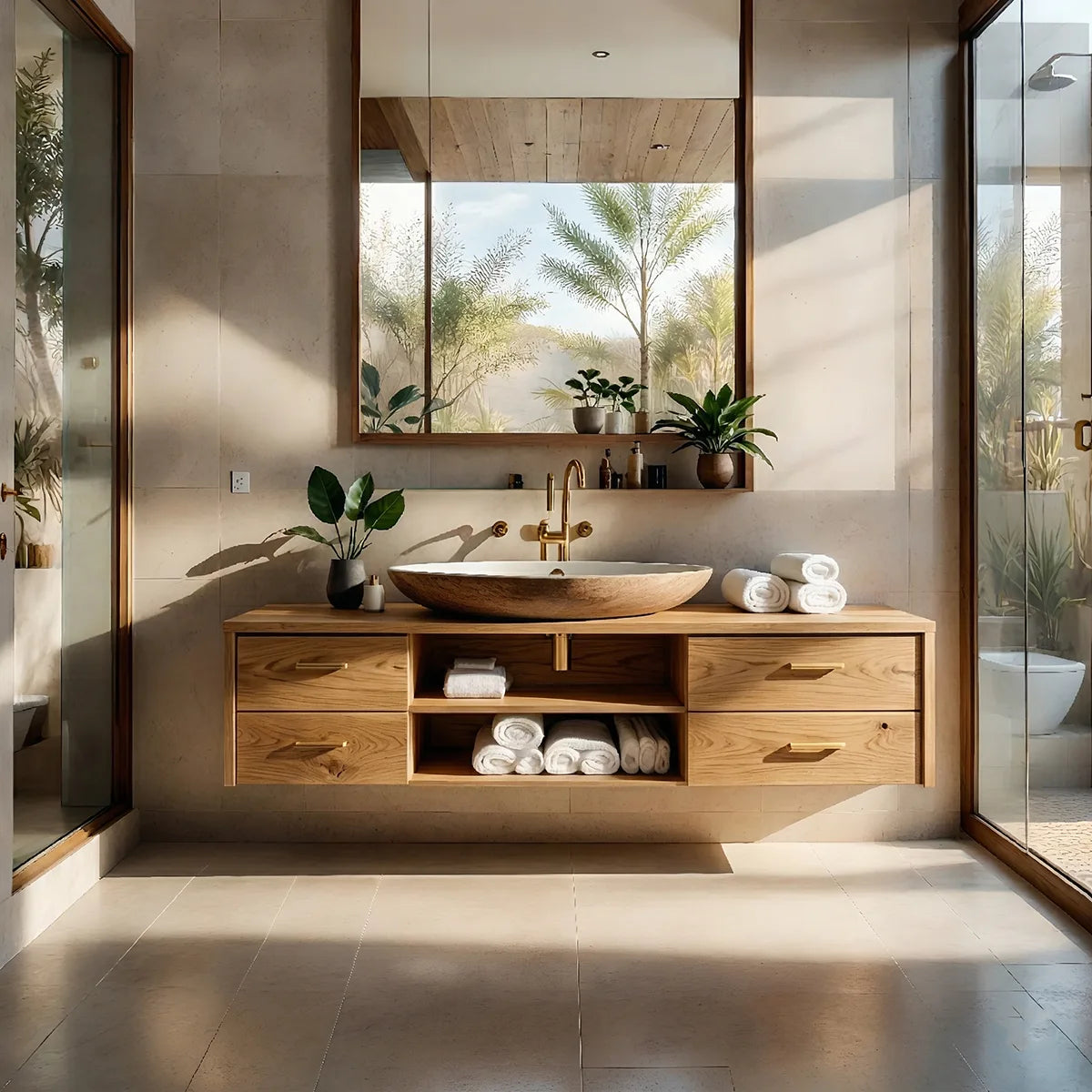 Floating Solid Wood Bathroom Vanity with 4 Drawers and Open Center Shelves