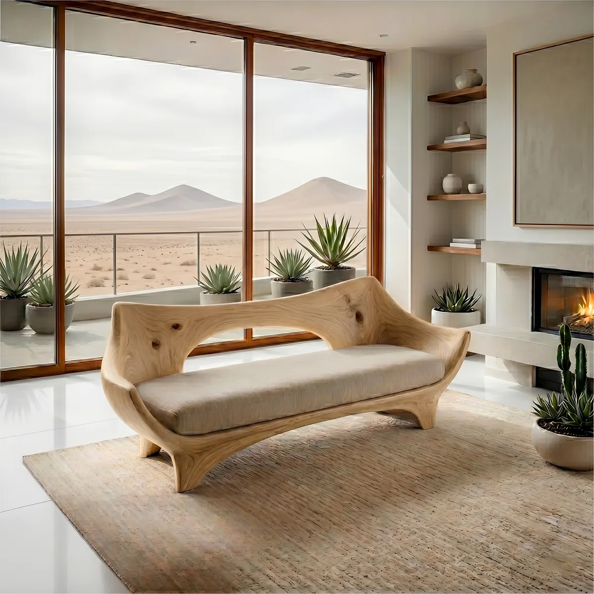 Luxury Organic Modern Wooden Sofa with Sculptural Curved Silhouette