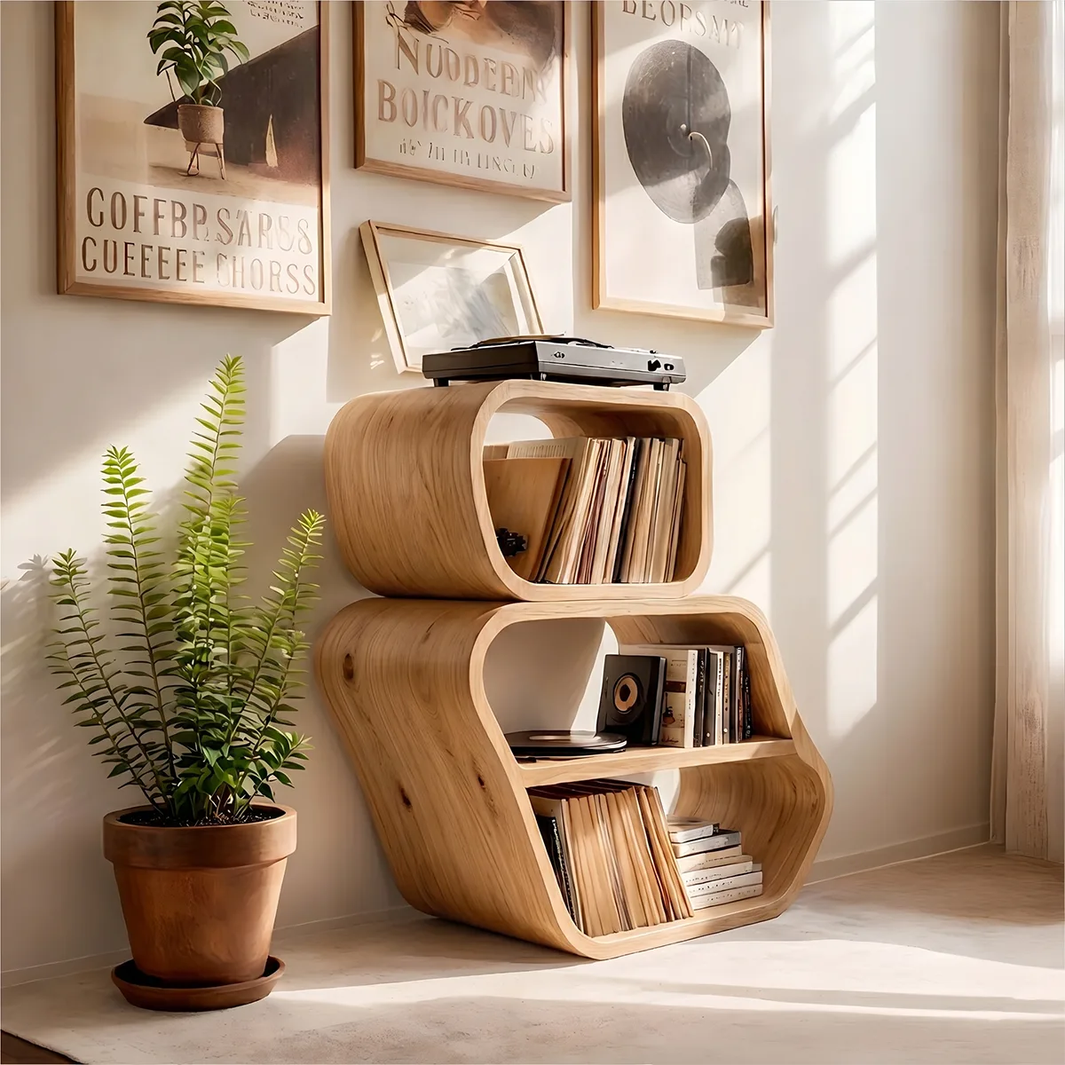 Luxury Solid Wood Curved Bookshelf, Modern Record Storage Cabinet