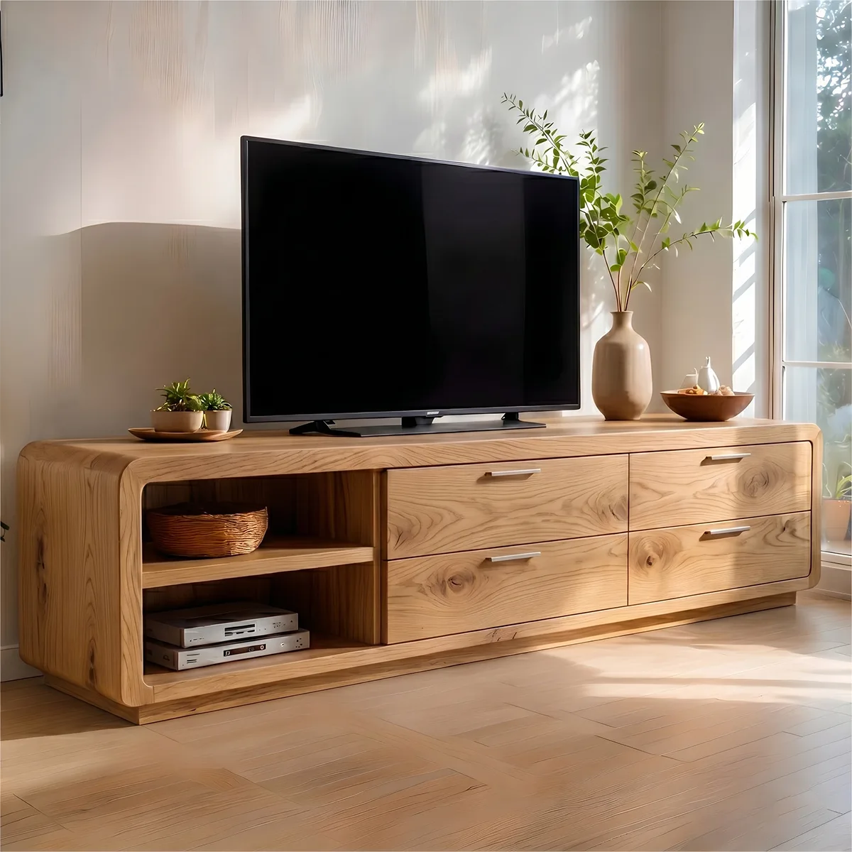 Modern Solid Wood Rounded Asymmetrical TV Stand with Drawers