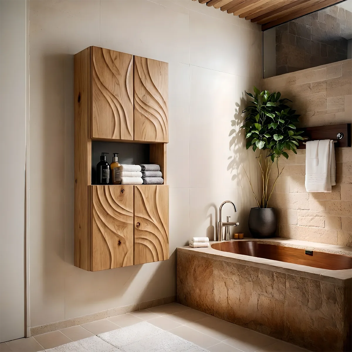 Handcrafted Solid Wood Bathroom Wall Storage Cabinet Sculpted Door Panel