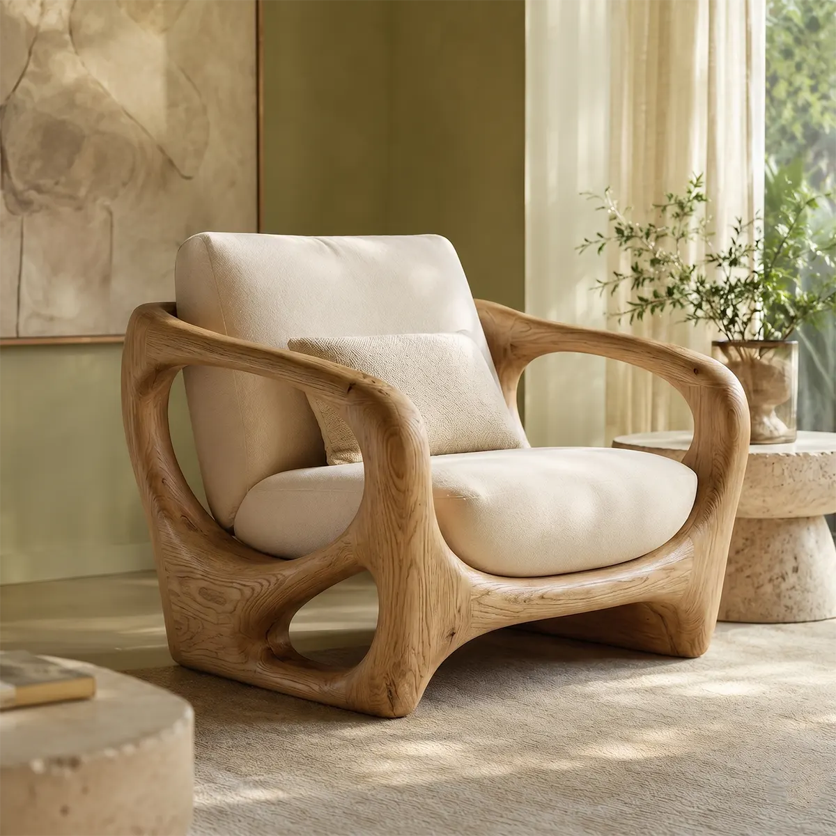 Organic Modern Solid Wood Lounge Chair | Sculptural Wooden Accent Chair for Luxury Living Room TT006-5278