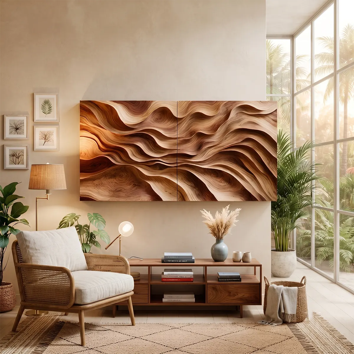 Abstract Wooden Wave Wall Art | Large 2 Panel Hand Carved Wood Sculpture TT006-8376