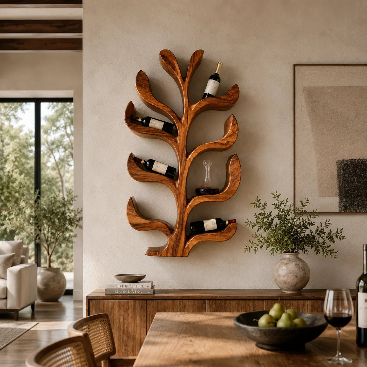 Sculptural Solid Wood Tree Wine Rack for Modern Homes & Wine Lovers TT006-8934