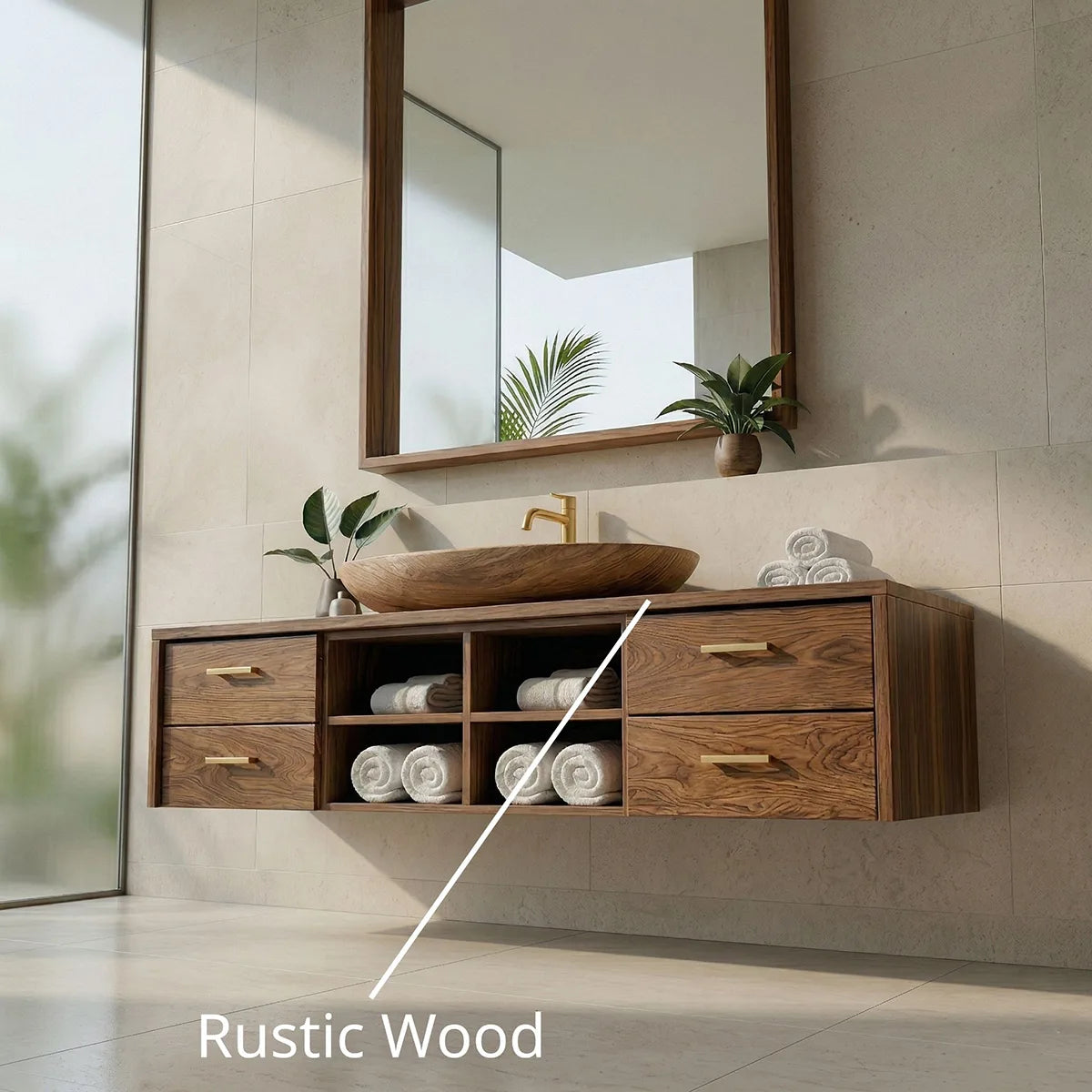 Floating Solid Wood Bathroom Vanity with 4 Drawers and Open Center Shelves