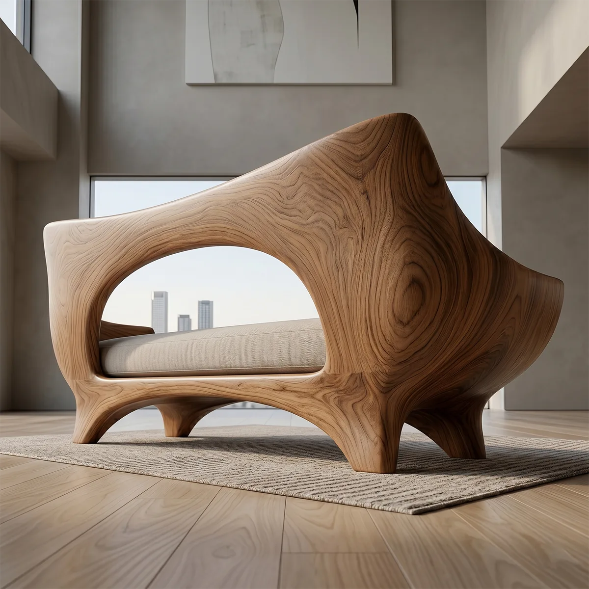 Luxury Organic Modern Wooden Sofa with Sculptural Curved Silhouette