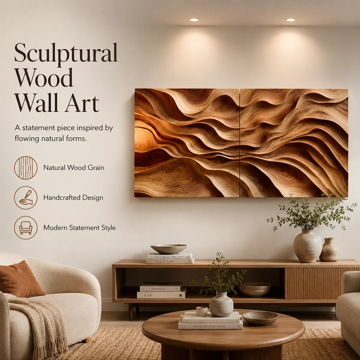 Abstract Wooden Wave Wall Art | Large 2 Panel Hand Carved Wood Sculpture TT006-8376