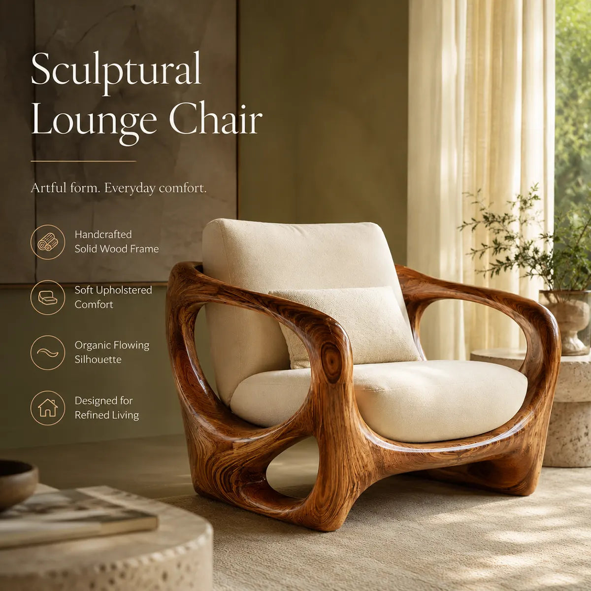 Organic Modern Solid Wood Lounge Chair | Sculptural Wooden Accent Chair for Luxury Living Room TT006-5278
