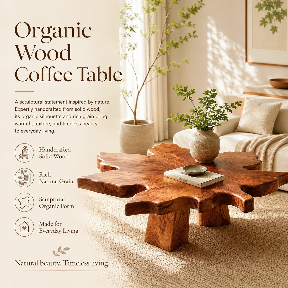 Live Edge Solid Wood Coffee Table | Tree Slice Hardwood Coffee Table for Living Room TT006-3198