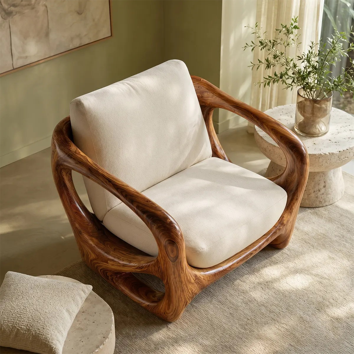 Organic Modern Solid Wood Lounge Chair | Sculptural Wooden Accent Chair for Luxury Living Room TT006-5278
