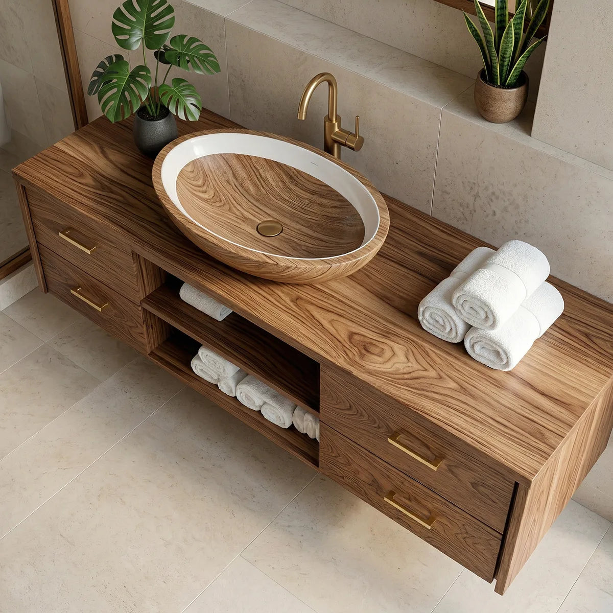 Floating Solid Wood Bathroom Vanity with 4 Drawers and Open Center Shelves