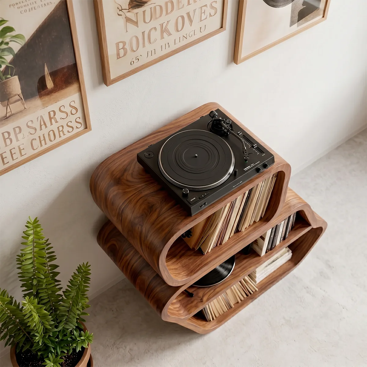 Luxury Solid Wood Curved Bookshelf, Modern Record Storage Cabinet