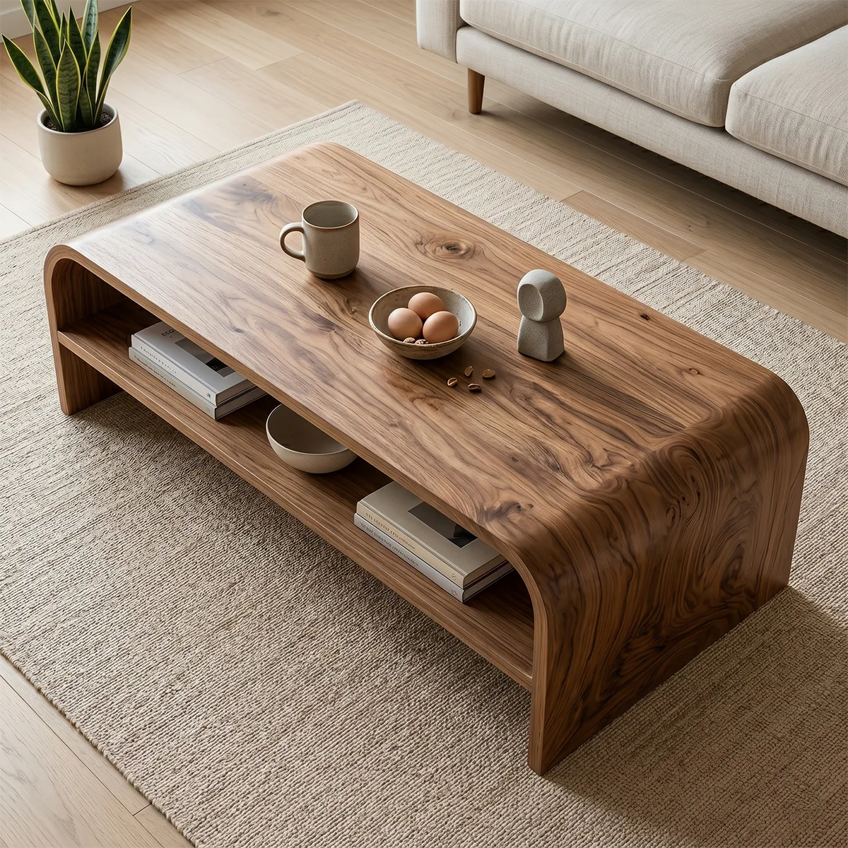Mid Century Handcrafted Solid Wood Coffee Table with Divided Open Storage