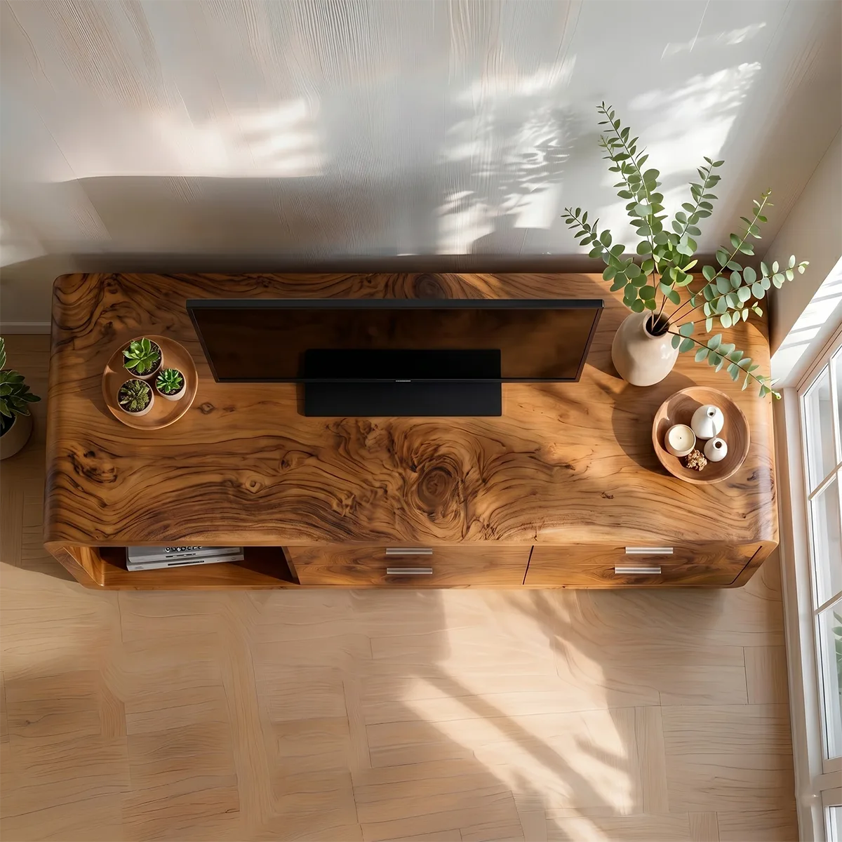 Modern Solid Wood Rounded Asymmetrical TV Stand with Drawers