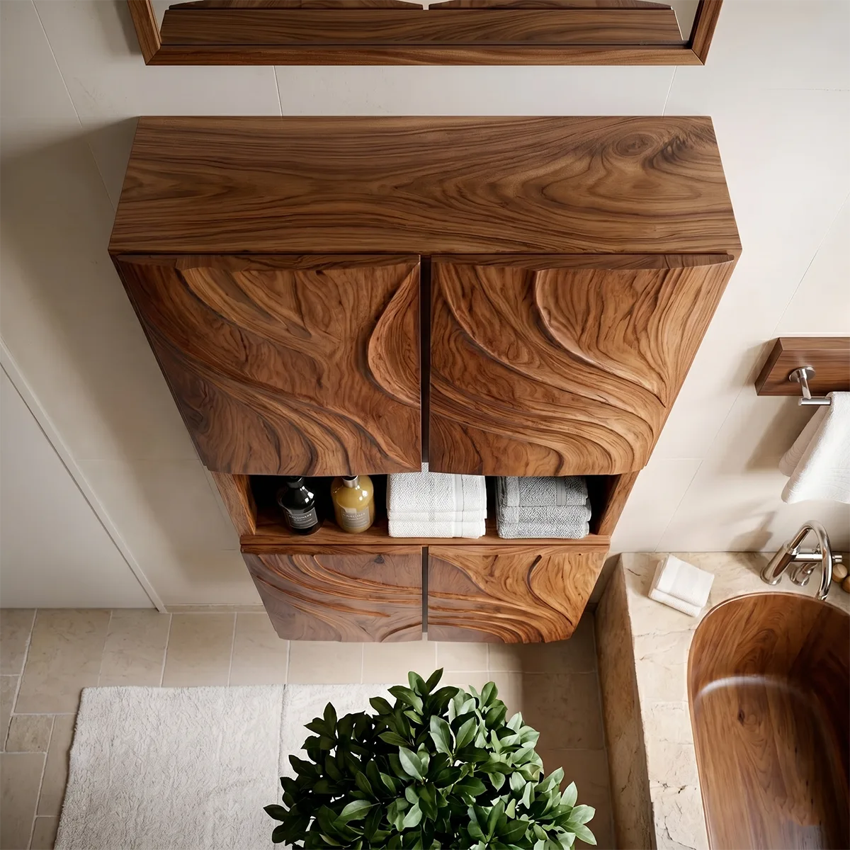 Handcrafted Solid Wood Bathroom Wall Storage Cabinet Sculpted Door Panel