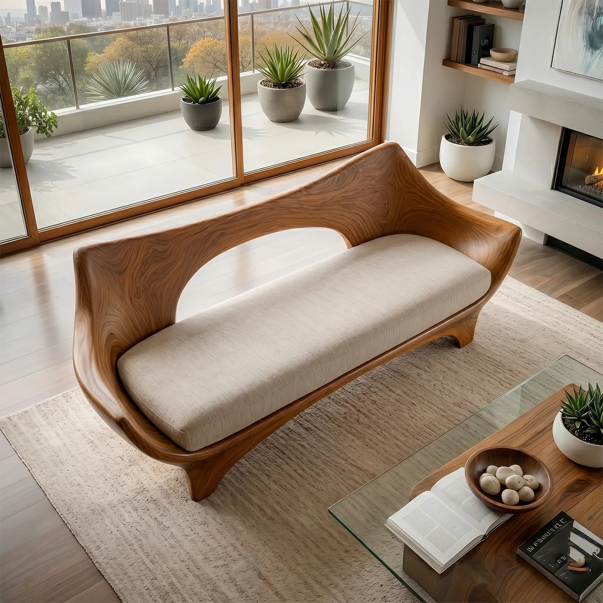 Luxury Organic Modern Wooden Sofa with Sculptural Curved Silhouette