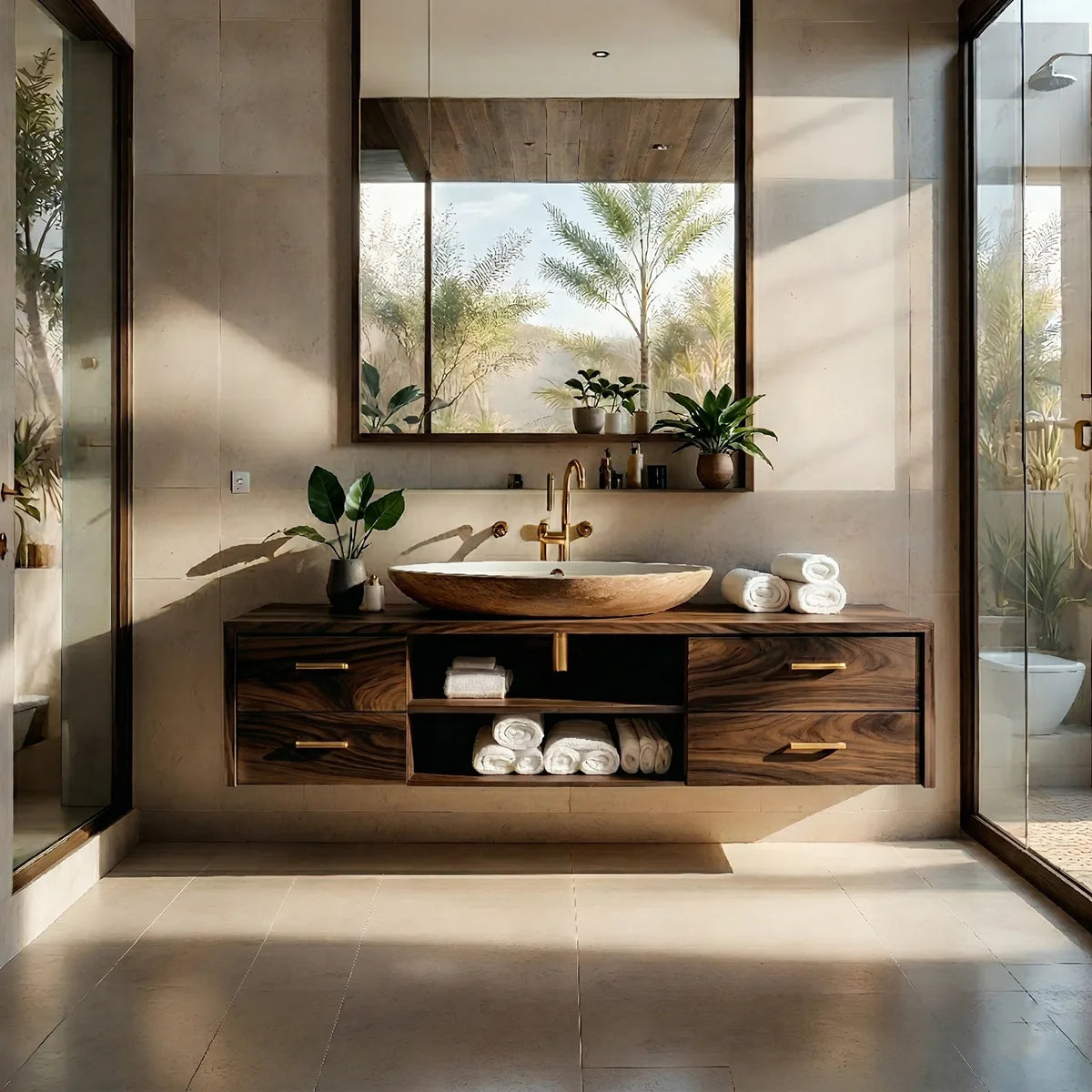 Floating Solid Wood Bathroom Vanity with 4 Drawers and Open Center Shelves