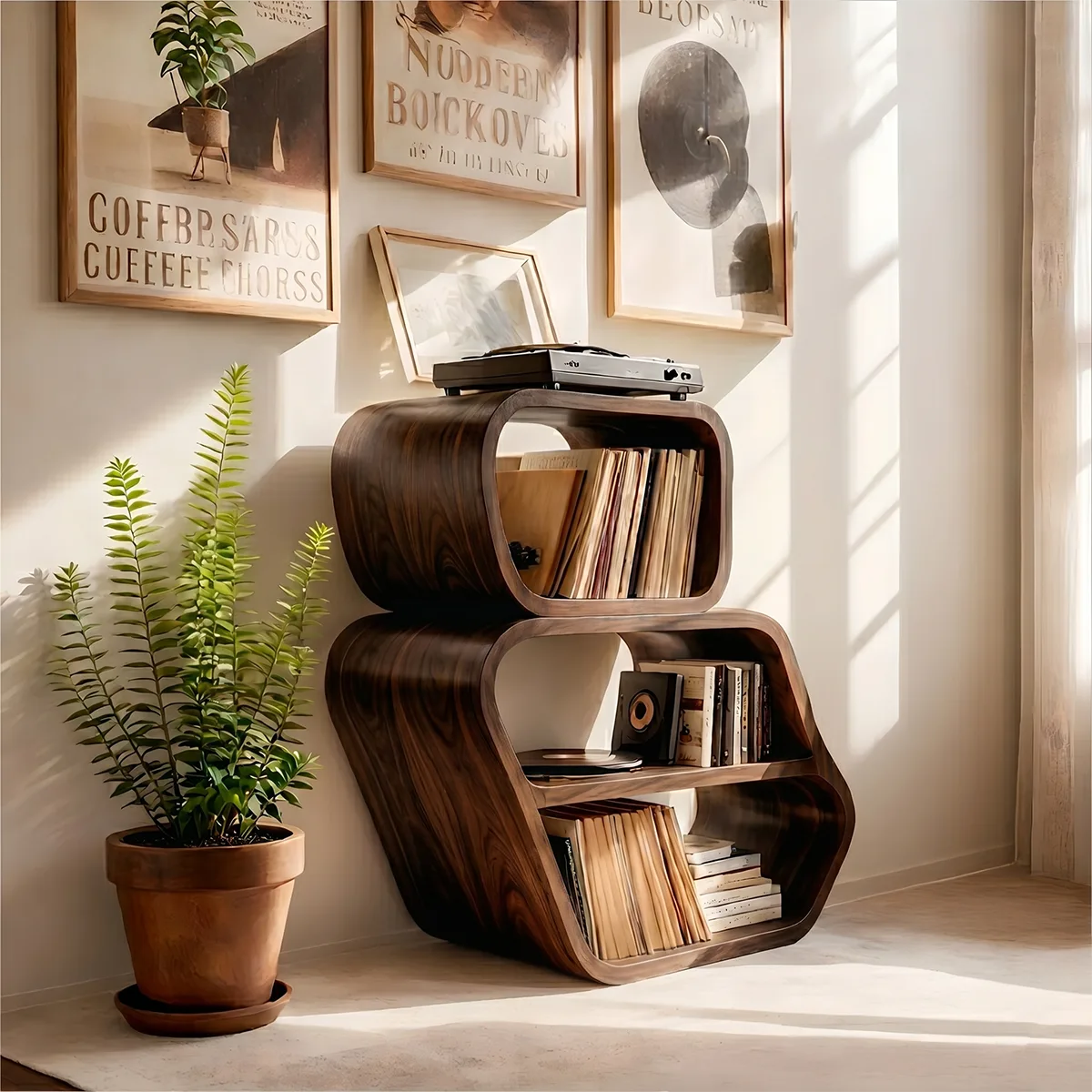 Luxury Solid Wood Curved Bookshelf, Modern Record Storage Cabinet