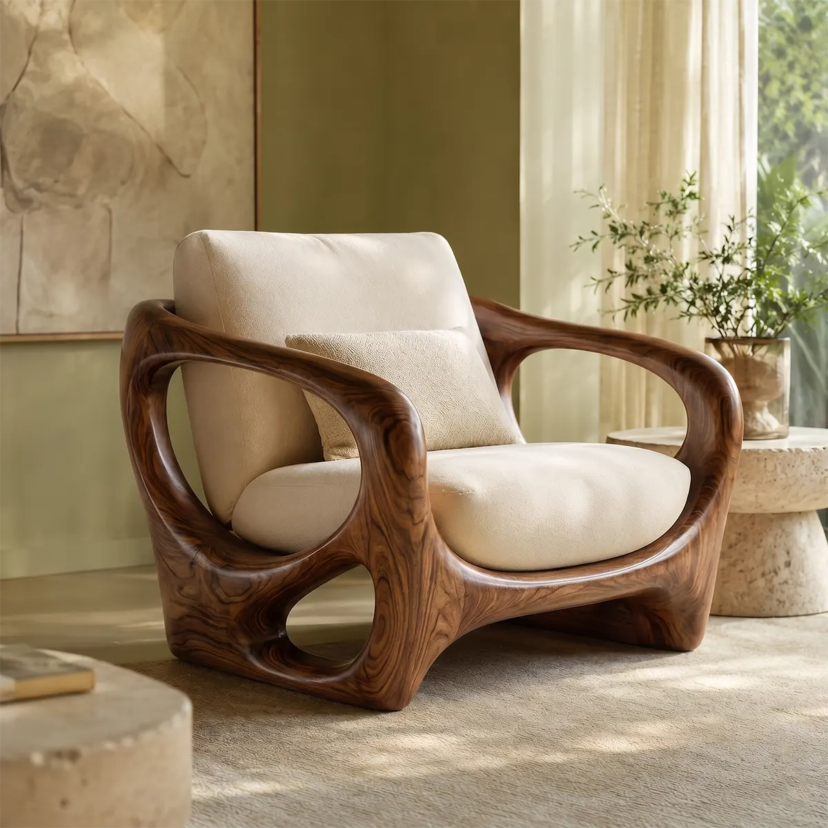 Organic Modern Solid Wood Lounge Chair | Sculptural Wooden Accent Chair for Luxury Living Room TT006-5278