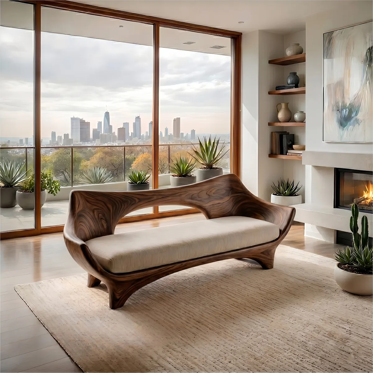 Luxury Organic Modern Wooden Sofa with Sculptural Curved Silhouette