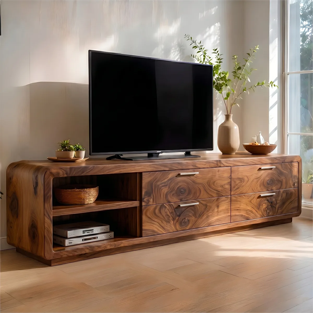 Modern Solid Wood Rounded Asymmetrical TV Stand with Drawers