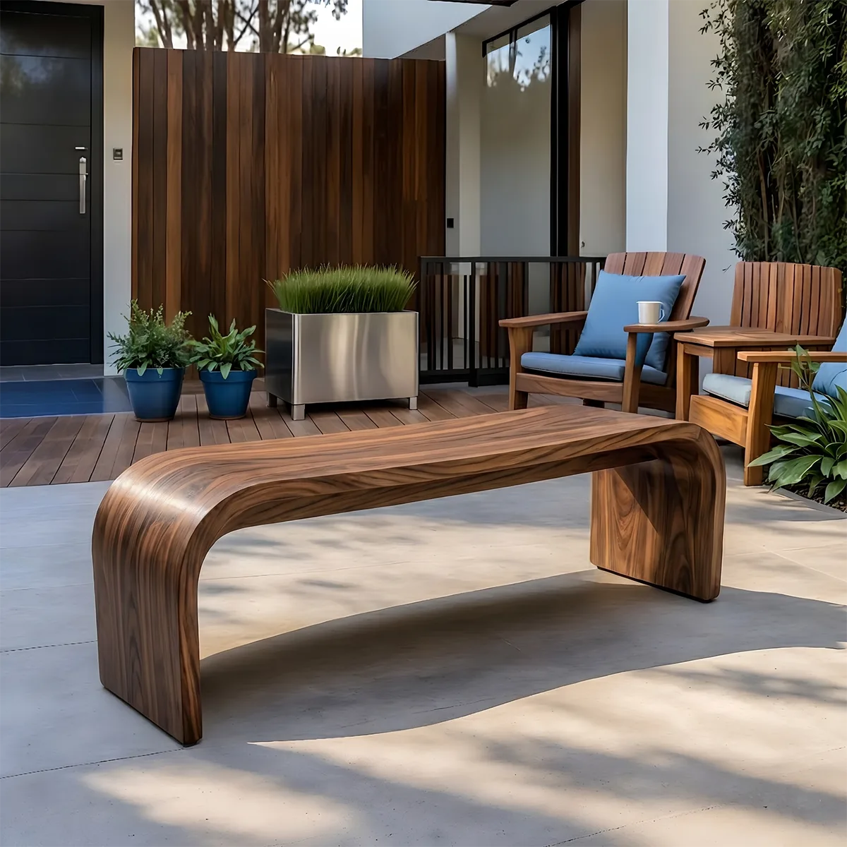 Handcrafted Solid Wood Outdoor Bench Waterfall Curve Patio Garden Bench