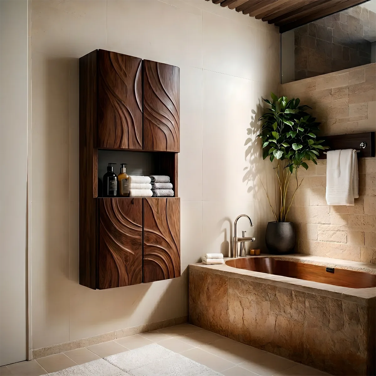 Handcrafted Solid Wood Bathroom Wall Storage Cabinet Sculpted Door Panel